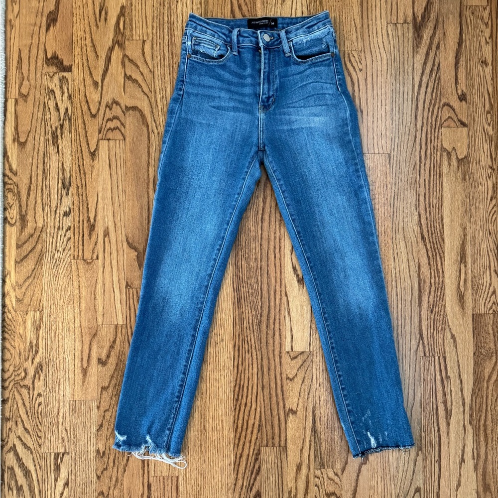 Medium Wash Denim Raw Hem Straight Jeans - Just Black